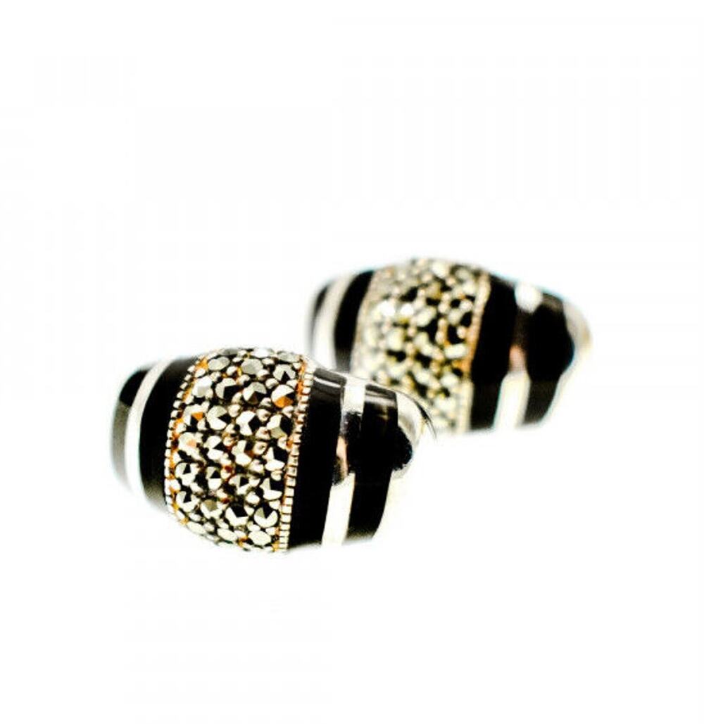 925 Sterling Silver Black Nephrite & Marcasites Earrings